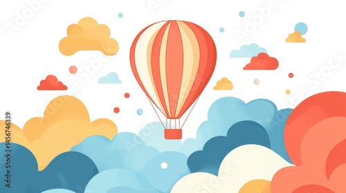 Vibrant hot air balloon floating above stylized colorful clouds background
