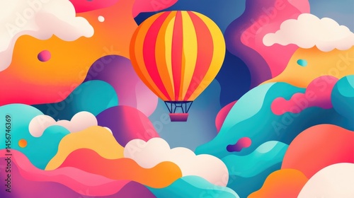 Vibrant hot air balloon floating above stylized colorful clouds background