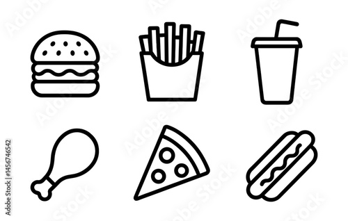 Minimalist fast food icon set including burger, fries, drink, chicken leg, pizza, hot dog