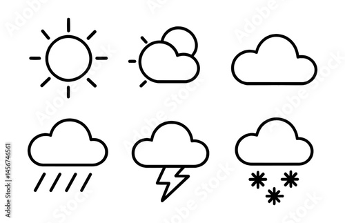 Black line weather icons: sun, clouds, rain, storm, snow symbols
