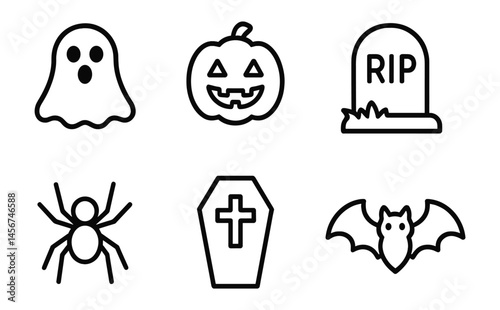 Halloween symbols: ghost, pumpkin, tombstone, spider, coffin, bat icons