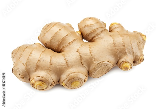 A single ginger root with its characteristic bumpy texture lying on a plain white surface in a studio shot photo