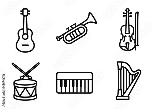 Black and white musical instrument icons: guitar, trumpet, violin, drum, keyboard, harp