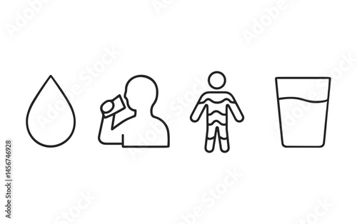 Hydration symbols: water drop, drinking male silhouette, human body, glass