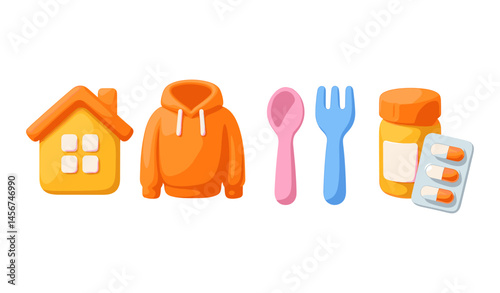 Icons of home, clothing, utensils, and medicine in bright colors