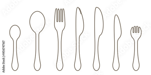 Cutlery linear icon set isolated on transparent background.  Spoons, knives and forks linear icons. Kitchenware and tableware line icons. Editable stroke.