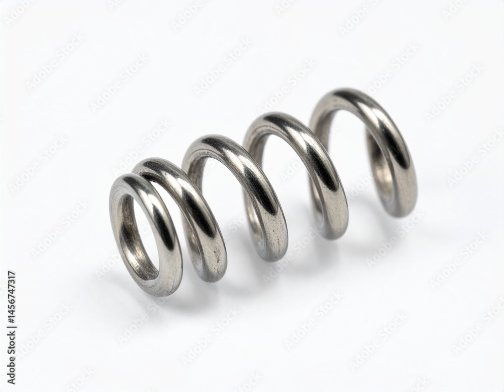 Helical compression spring of metallic material sitting on plain white surface, creating clean shadow
