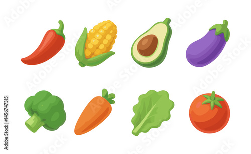 Colorful vegetables set: chili, corn, avocado, eggplant, broccoli, carrot, lettuce, tomato