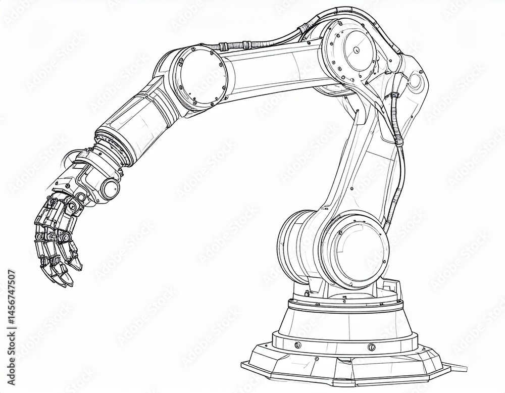 Detailed technical line drawing of a mechanical arm, intricately jointed, rendered in wireframe style