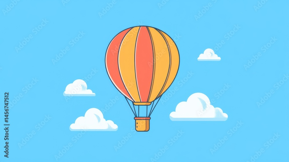 Fototapeta premium Colorful minimalistic hot air balloon art drawing in bright blue sky with fluffy white clouds background