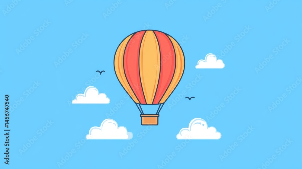 Fototapeta premium Colorful minimalistic hot air balloon art drawing in bright blue sky with fluffy white clouds background