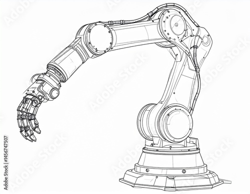 Obraz na płótnie Detailed technical line drawing of a mechanical arm, intricately jointed, rendered in wireframe style w salonie