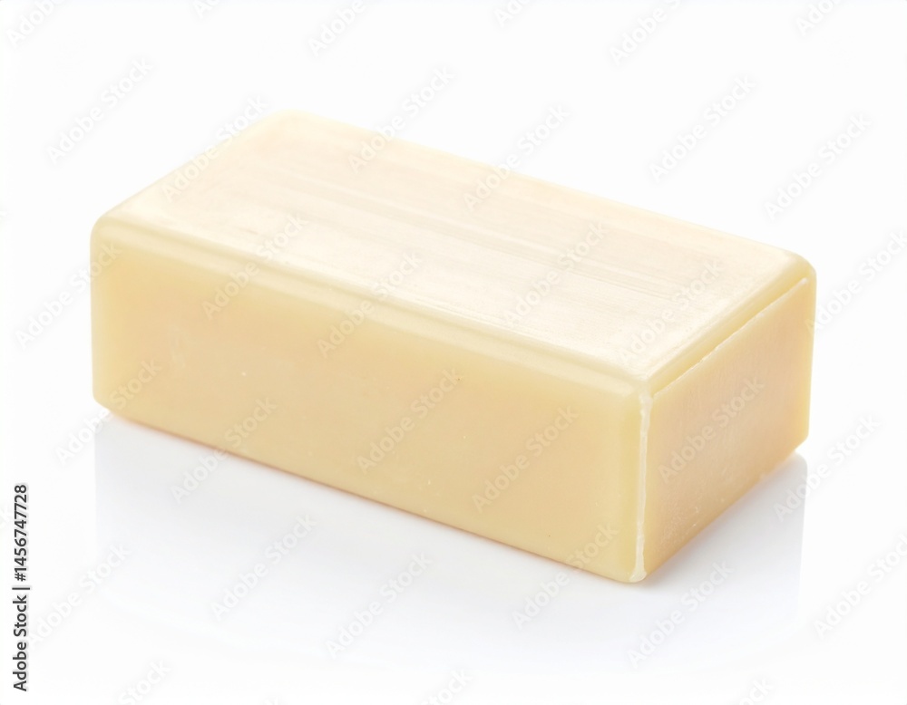 Simple soap bar A block of solid beige soap sits isolated on a white surface, casting a faint shadow