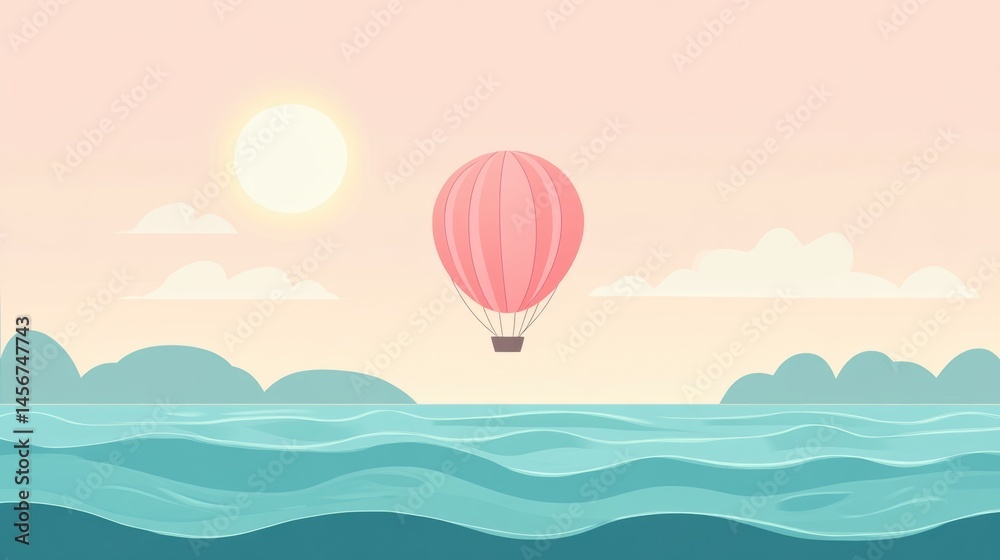Obraz premium Peaceful coral hot air balloon floating over blue ocean waves with sunny sky view background