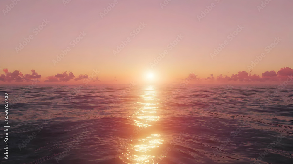 Naklejka premium Sunset over calm ocean. Soft, pink-orange hues paint sky and water. Gentle waves reflect light