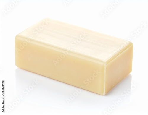Obraz na płótnie Simple soap bar A block of solid beige soap sits isolated on a white surface, casting a faint shadow w salonie