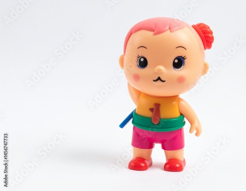 Charming plastic doll with bright colors and rosy cheeks, on a plain background