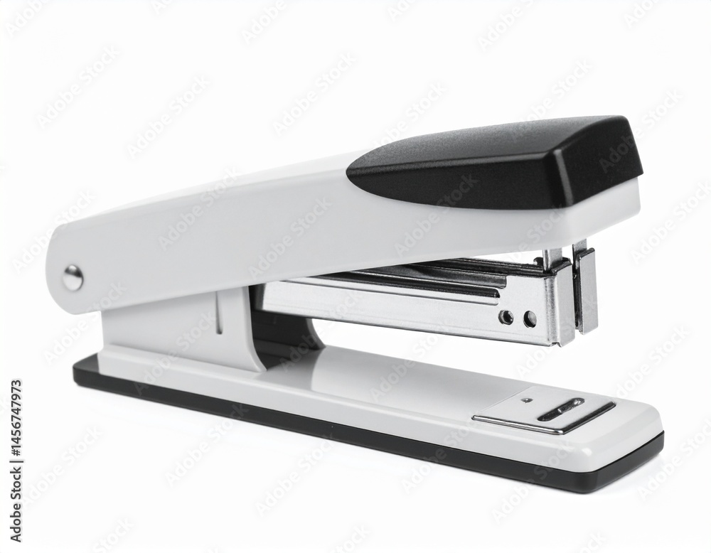 White & Black Stapler Office tool with metal interior visible, placed on white background, angled view