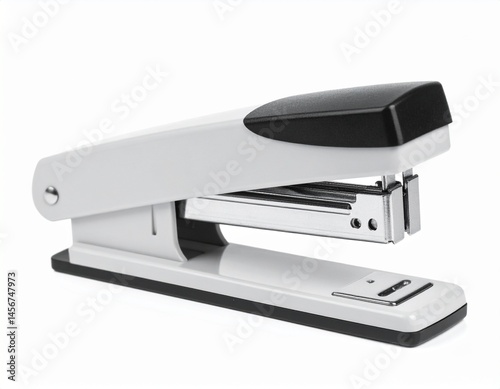 Obraz na płótnie White & Black Stapler Office tool with metal interior visible, placed on white background, angled view w salonie
