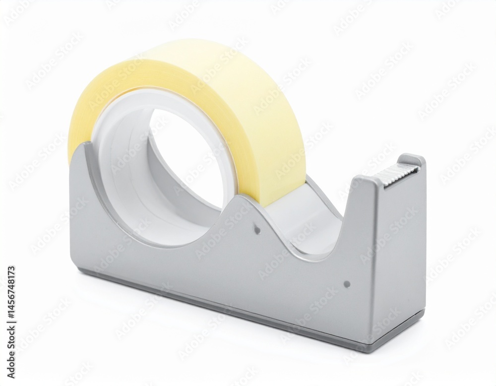 Dispenser holding roll of adhesive tape, silver frame, office supply against white
