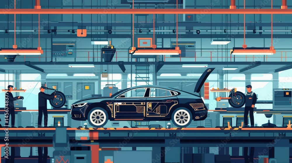Fototapeta premium An assembly line of workers assembling parts of a car in a modern manufacturing plant.