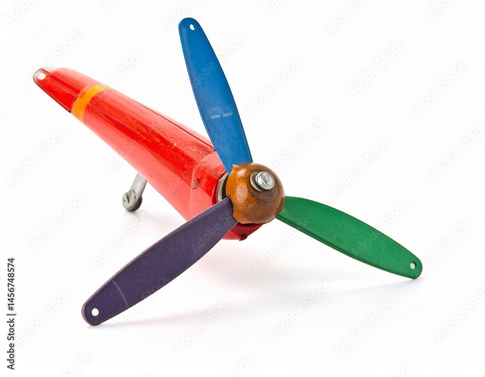 Toy plane with red body and colorful propeller on a white background