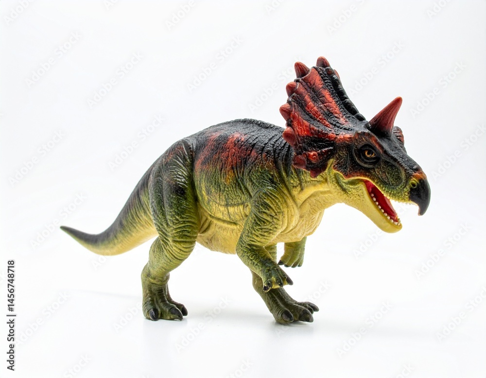 Dinosaur toy features a horned, frilled head with green body isolated on a white background