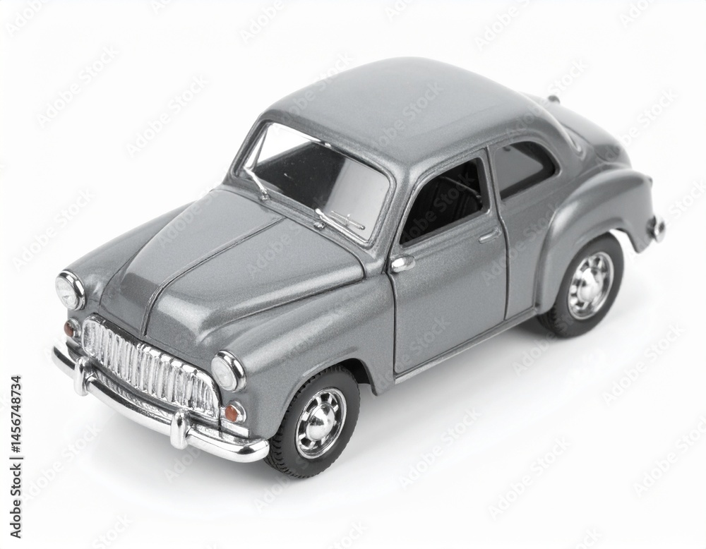 Classic gray coupe on white background; vintage car model
