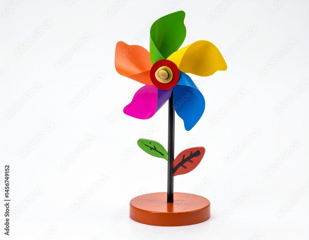 Colorful pinwheel resembling flower on stand, rainbow hued blades, with leaves
