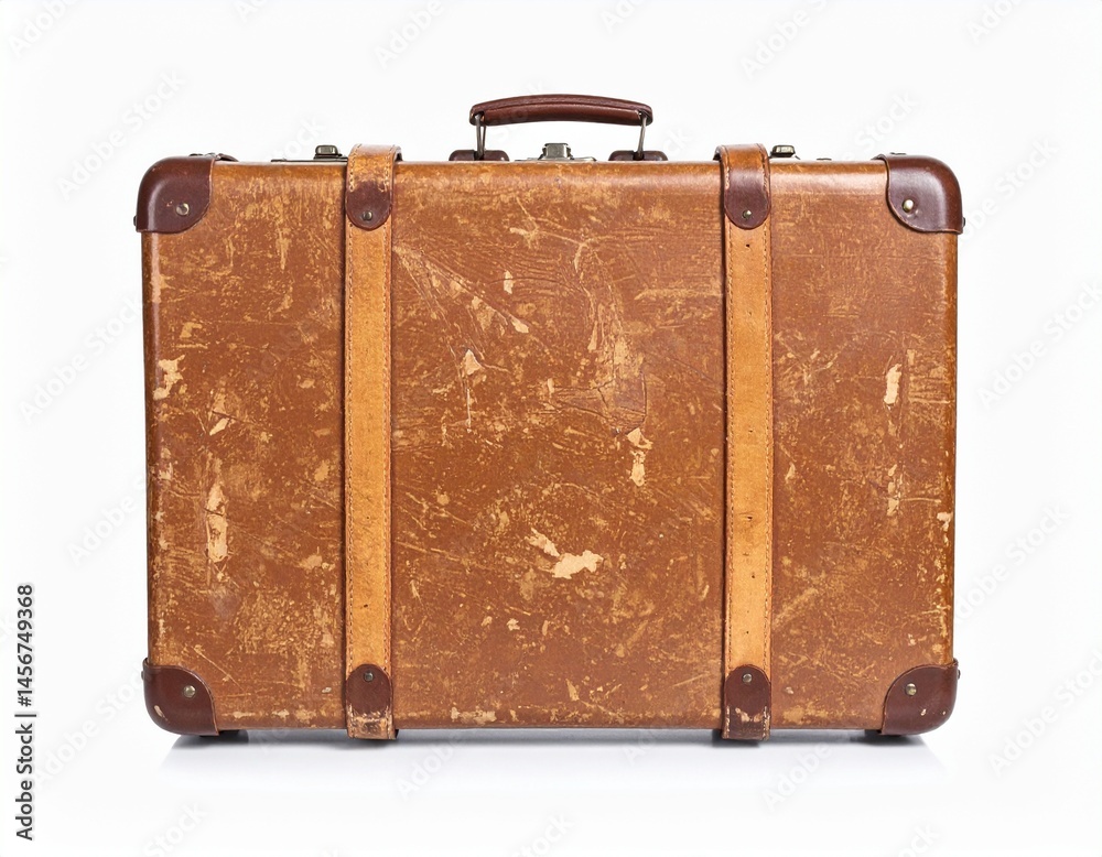 A weathered, vintage suitcase with leather straps and reinforced corners, set against a white backdrop