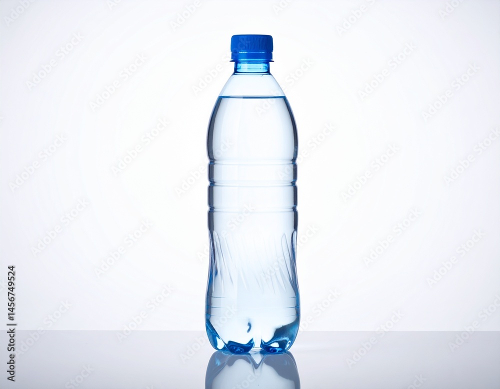 Clear water filled in a plastic bottle with a blue cap sits on a white surface