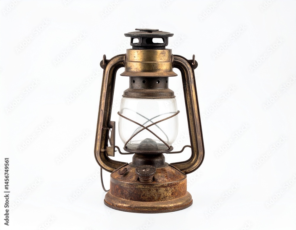 Antique oil lantern with glass globe and metal frame, showing age and wear