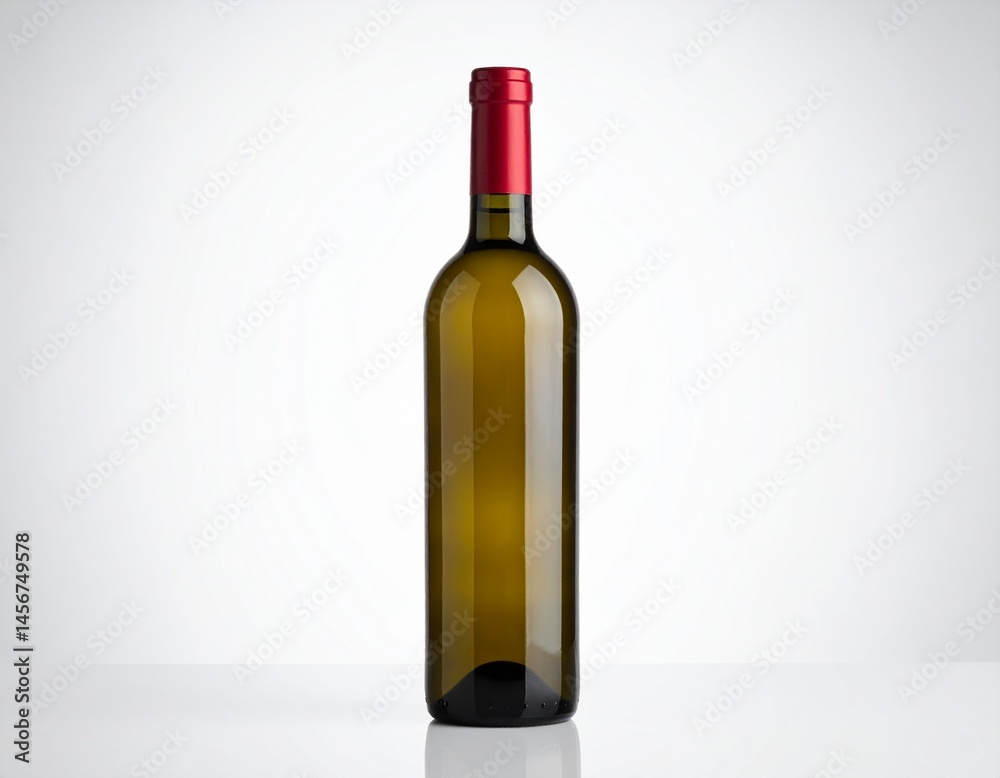 Full wine bottle. The bottle is clear glass with a red cap; minimalist studio shot