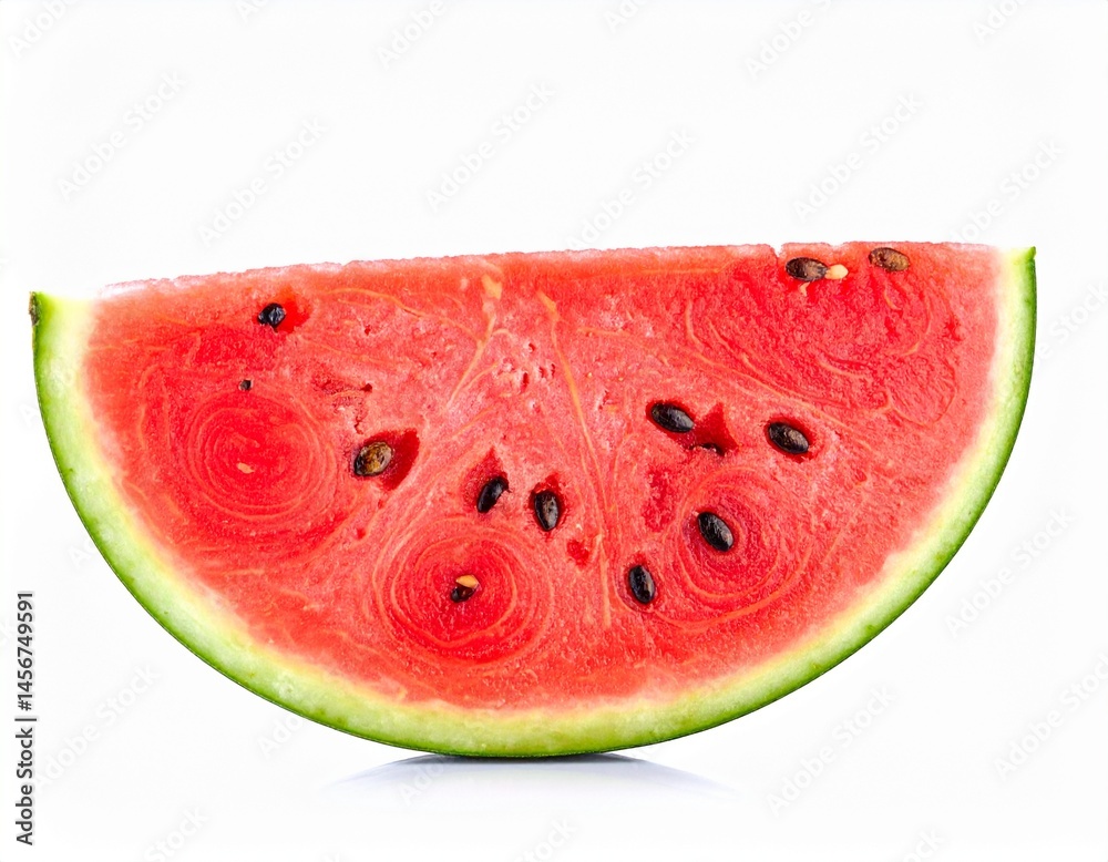 Slice of watermelon reveals juicy red flesh and black seeds, green rind on white backdrop
