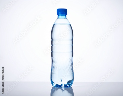 Obraz na płótnie Clear water filled in a plastic bottle with a blue cap sits on a white surface w salonie