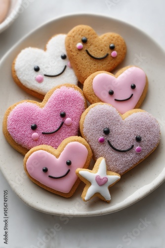 Cute heart-shaped cookies with smiling faces and pastel icing on plate, playful and colorful sweet treats