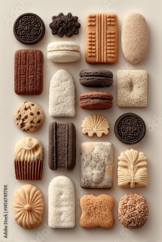 Assorted decorative cookies in various shapes and chocolate designs on white background, festive and elegant treats