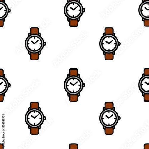 A seamless vector pattern featuring classic wristwatches with brown leather straps and white faces, arranged in a grid layout. Ideal for fashion or accessory designs.
