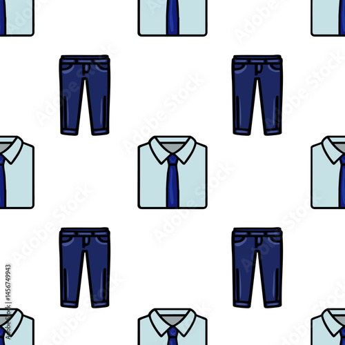 Seamless vector pattern featuring blue shirts with ties and blue pants on a white background.