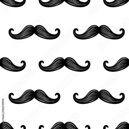A seamless vector pattern featuring stylized black mustaches on a white background. The mustaches are elegantly curved and have a glossy appearance, creating a playful and whimsical design.