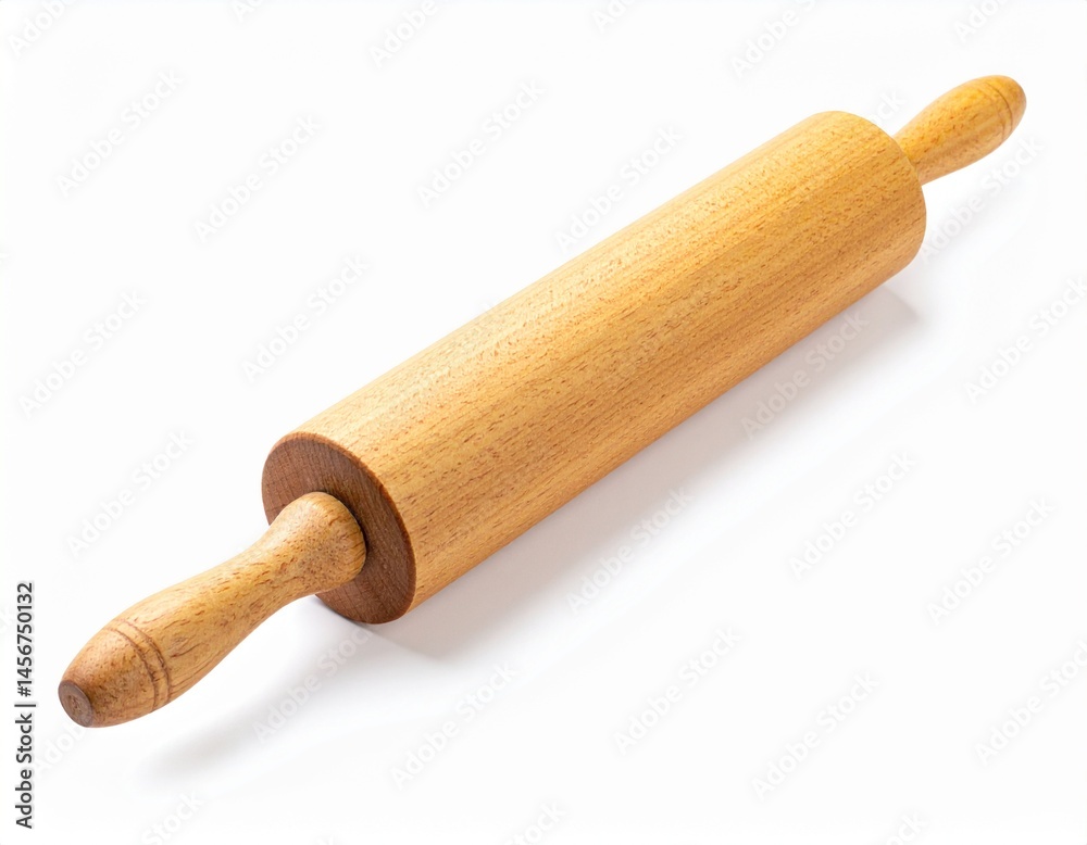 A wooden rolling pin with handles on a white background, casting a shadow