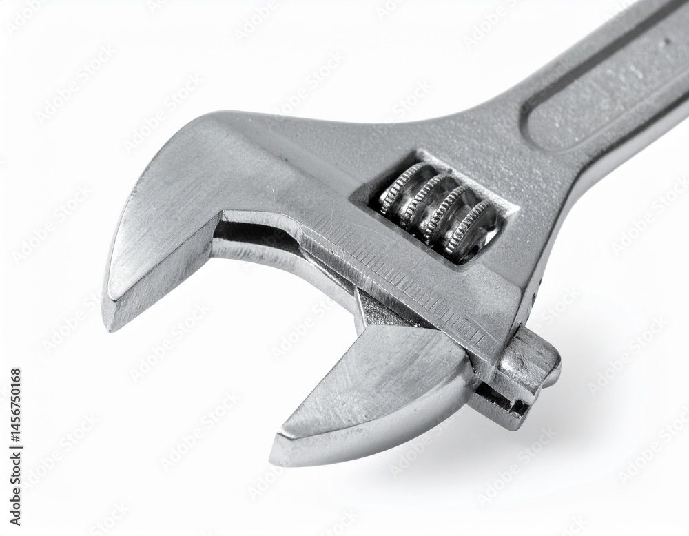 Shiny, adjustable wrench with textured grip sits angled on a white surface, detailed mechanical tool