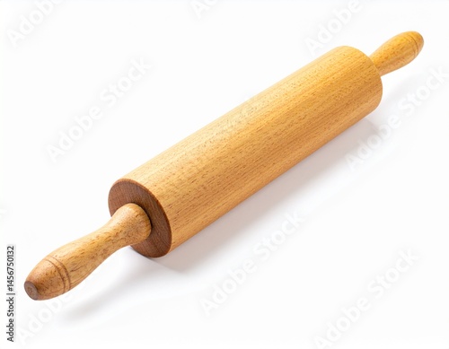 Obraz na płótnie A wooden rolling pin with handles on a white background, casting a shadow w salonie