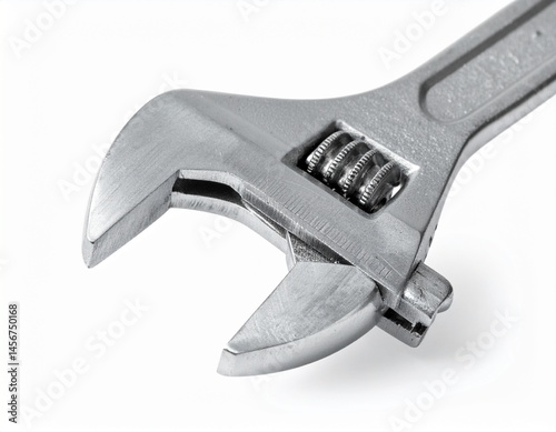 Obraz na płótnie Shiny, adjustable wrench with textured grip sits angled on a white surface, detailed mechanical tool w salonie