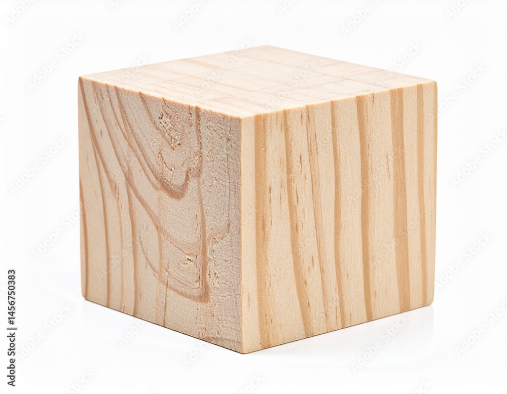 Wooden block A simple, natural, light brown cube with visible wood grain on a white background