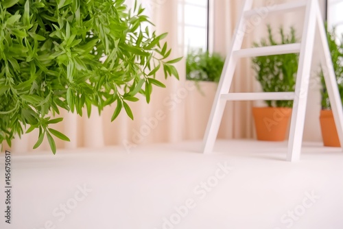 A bright room with potted plants, a white ladder, and sheer curtains.  Soft light illuminates the scene