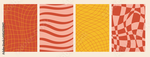 Set of groovy posters with checkered and striped patterns in vibrant retro colors, featuring wavy lines and optical illusions, ideal for vintage inspired decor, design projects, and backgrounds.