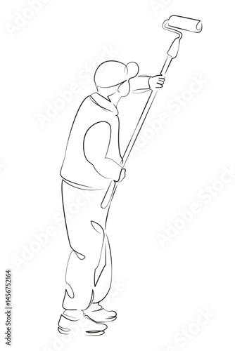 One continuous single drawing line art flat doodle painting - activity, working, house painter, indoors, paint, paint roller. Isolated image hand draw contour on a white background, hand drawn, not AI