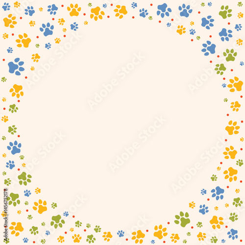 Colorful round frame filled with multicolored dog paw prints on beige background, ideal for pet designs, animal care branding, and playful decorations for dog lovers and veterinary services.