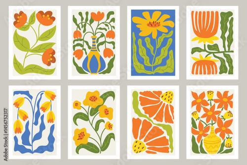 Set of Matisse style colorful Floral Posters featuring bold, abstract botanical shapes in vibrant hues, perfect for modern art decor, creative prints, and contemporary interior design accents.